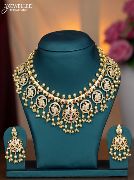 Antique necklace peacock design with kemp & cz stones and pearl hangings