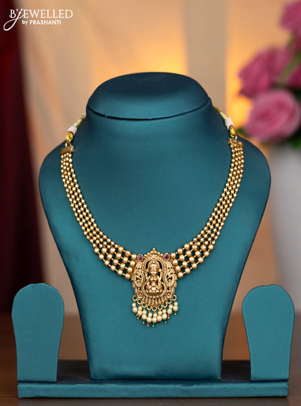 Antique necklace lakshmi design with pink kemp stones and pearl hangings without earring