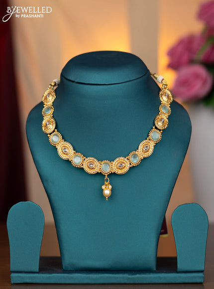 Antique necklace with mint green & cz stones and pearl hangings