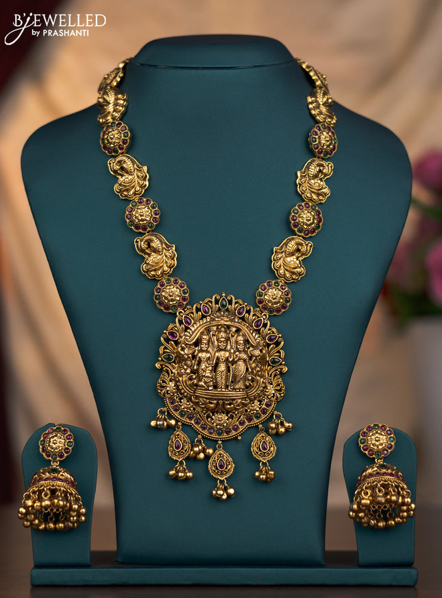 Antique haaram ram parivar & peacock design with kemp stones and golden beads hangings