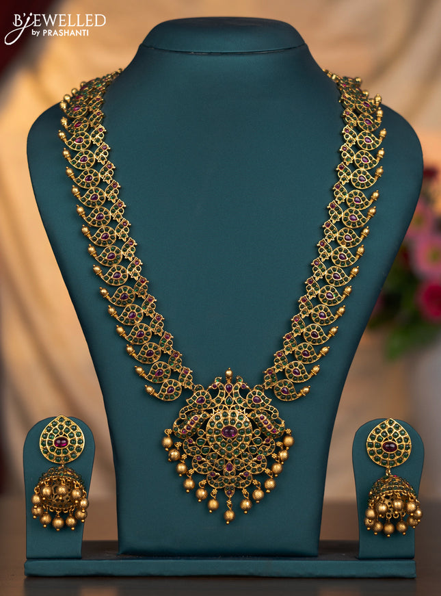 Antique haaram peacock & maanga pattern with kemp stones and golden beads hanging