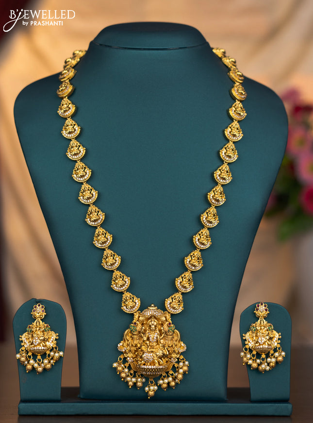 Antique haaram lakshmi design with kemp and cz stones and golden beads hangings