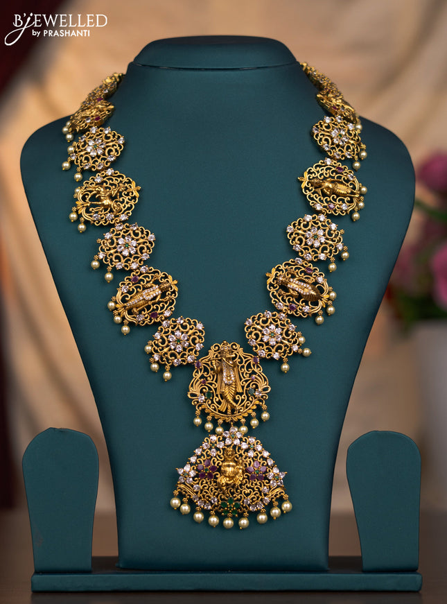 Antique dasavatar haaram with kemp & cz stones and pearl hangings