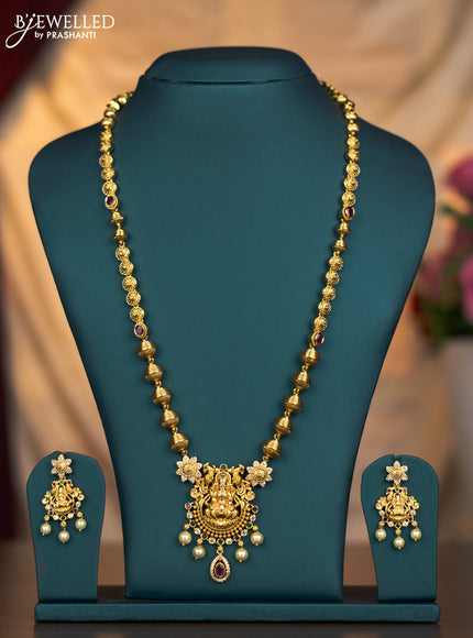 Antique haaram lakshmi design with kemp and cz stones and pearl hangings