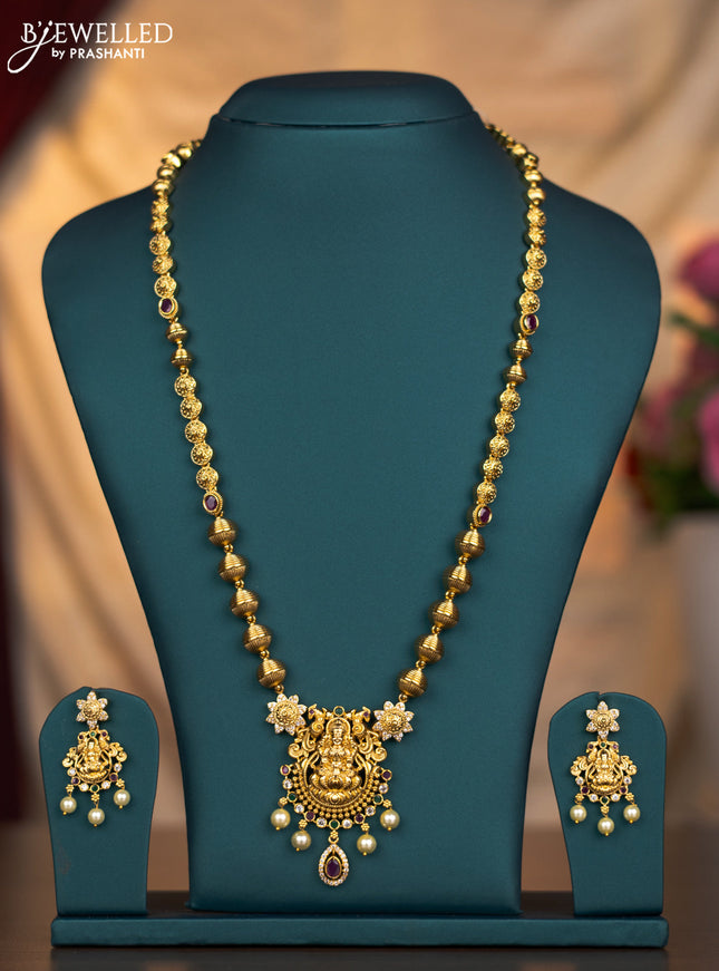 Antique haaram lakshmi design with kemp and cz stones and pearl hangings