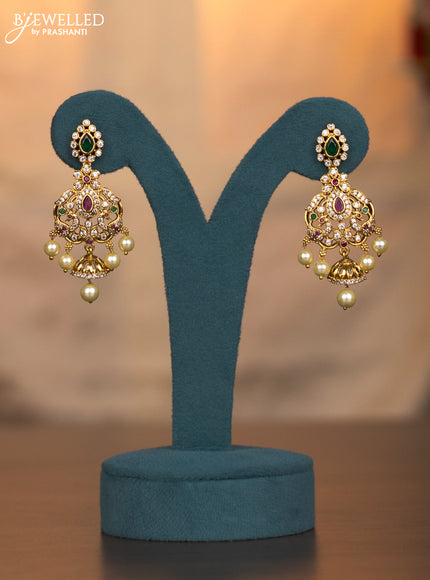 Antique haaram pecock design with kemp and cz stones and pearl hangings