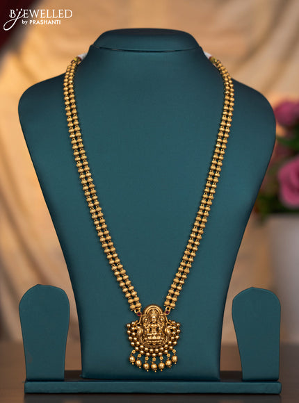 Antique double layer haaram lakshmi design with pink kemp stones and golden beads hangings without earring