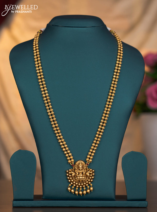 Antique double layer haaram lakshmi design with pink kemp stones and golden beads hangings without earring