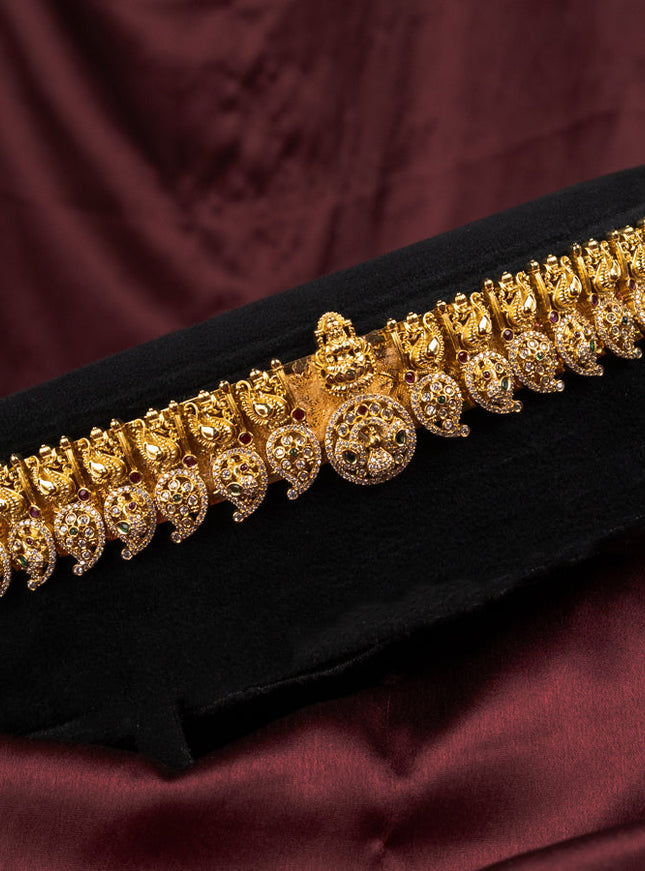 Antique self embosse hip belt lakshmi & manga pattern with kemp and cz stones