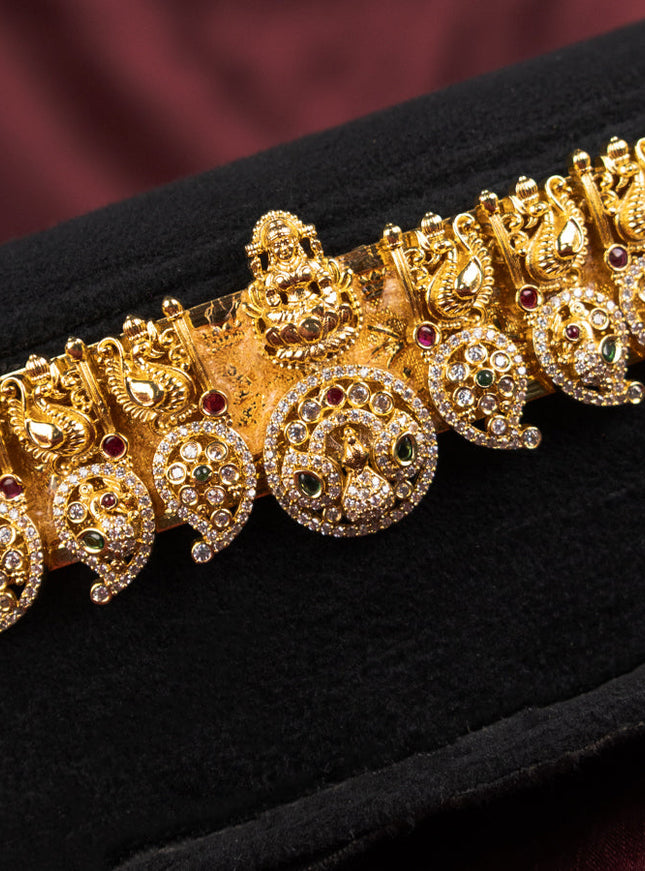 Antique self embosse hip belt lakshmi & manga pattern with kemp and cz stones