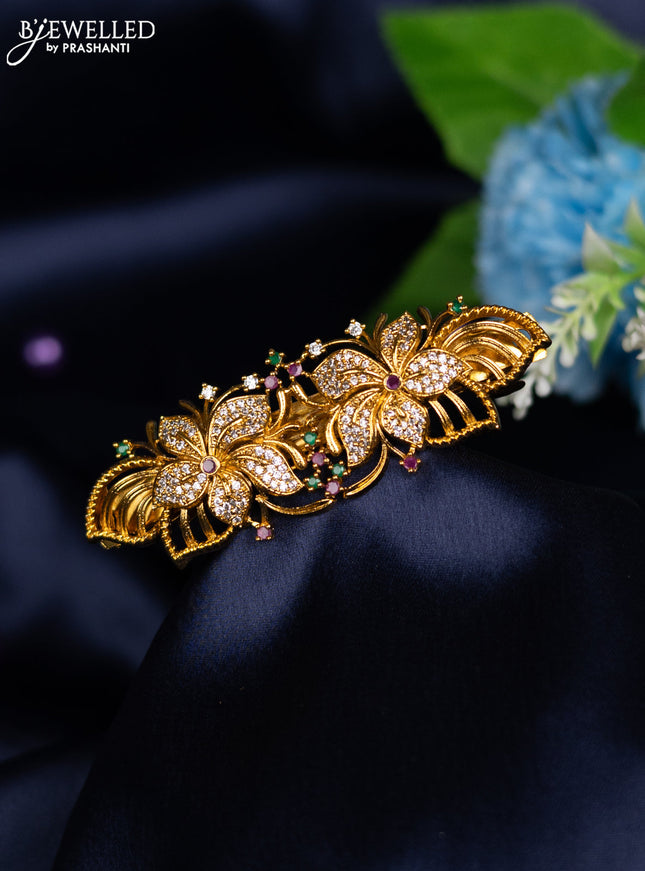 Antique hair clip medium size floral design with kemp and cz stones