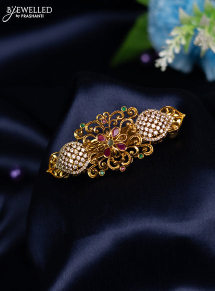 Antique hair clip medium size floral design with kemp and cz stones