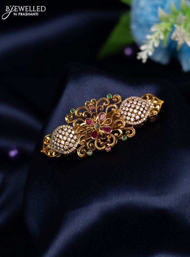 Antique hair clip medium size floral design with kemp and cz stones