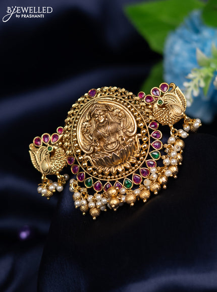 Antique hair clip big size lakshmi design with kemp stones and pearl hangings