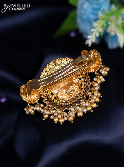 Antique hair clip big size lakshmi design with kemp stones and pearl hangings