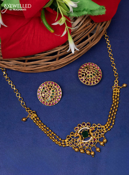 Antique choker peacock design with pink kemp stones and golden beads hangings