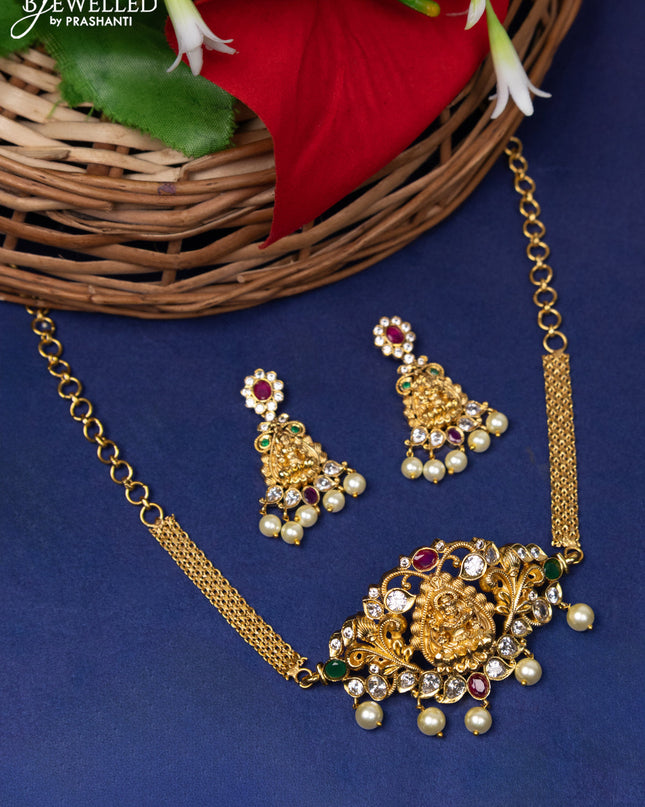 Antique choker lakshmi design with kemp & cz stone and pearl hangings