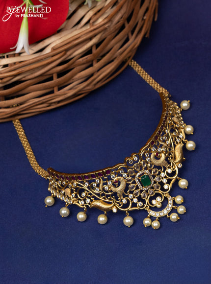Antique choker peacock design with kemp & cz stone and pearl hanging without earring