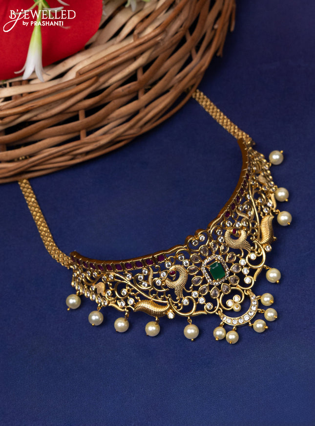 Antique choker peacock design with kemp & cz stone and pearl hanging without earring