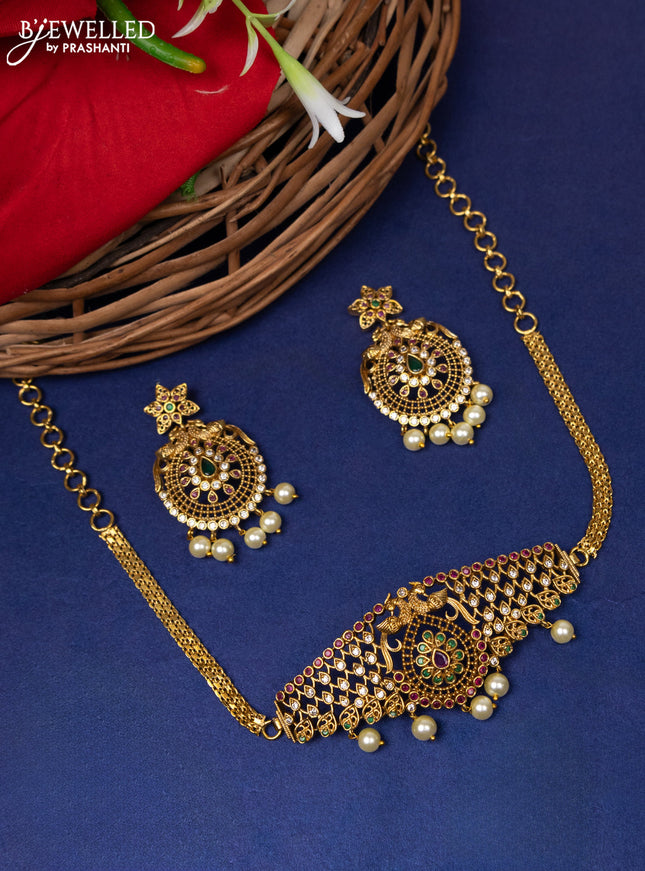 Antique choker peacock design with kemp & cz stone and pearl hangings