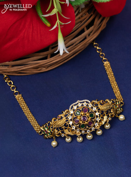 Antique choker peacock design with kemp & cz stone and pearl hangings without earring