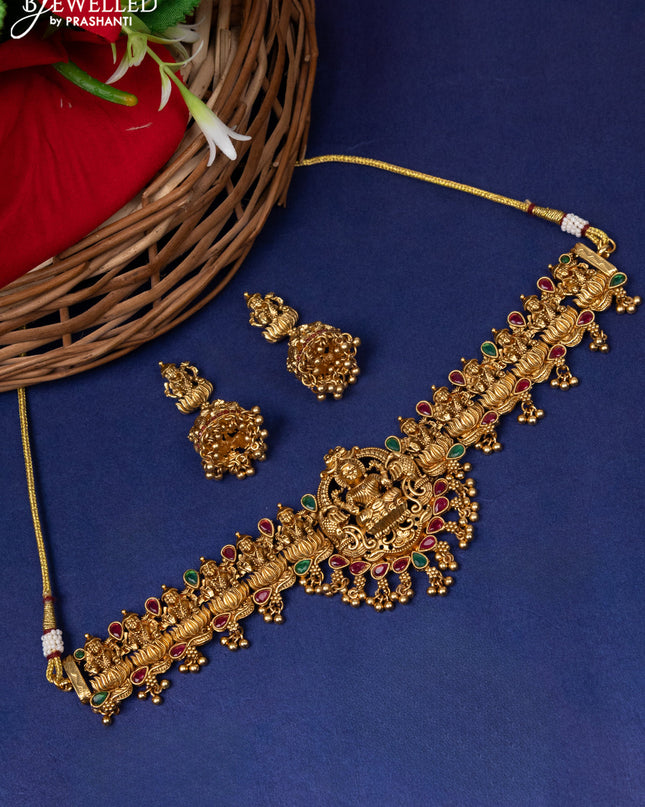 Antique choker lakshmi design with kemp stone and golden beads hangings