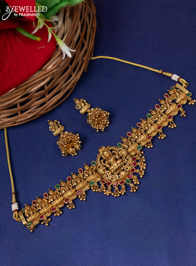 Antique choker lakshmi design with kemp stone and golden beads hangings