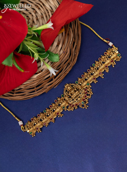 Antique choker lakshmi design with kemp stone and golden beads hangings without earring
