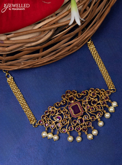 Antique choker with pink kemp stone and pearl hangings without earring