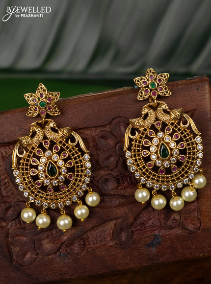 Antique earring peacock design with kemp & cz stones and pearl hangings