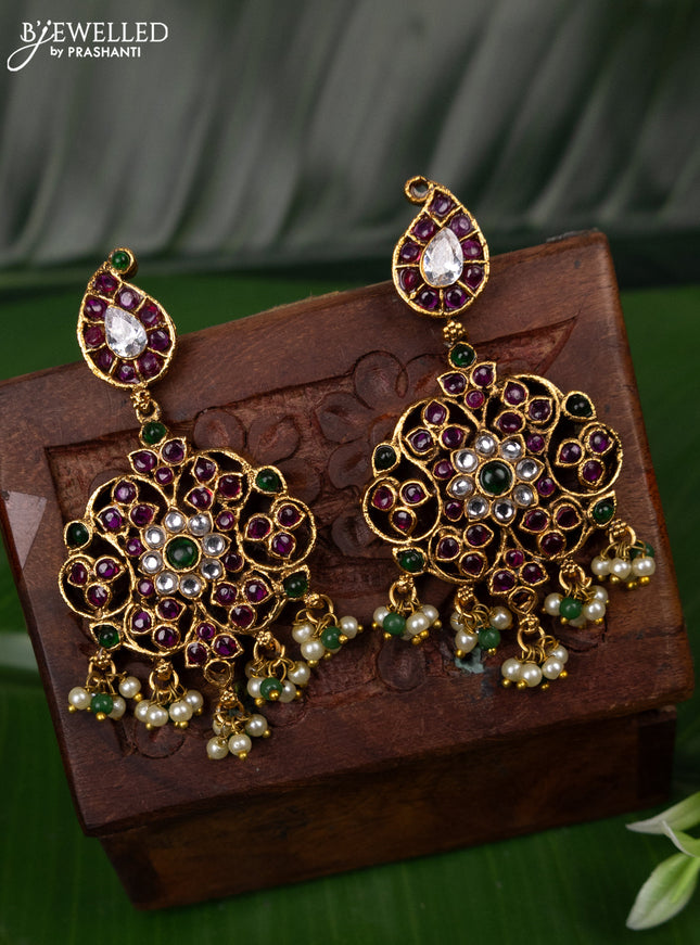 Antique earring manga pattern with kemp & kundan stones and pearl & green beads hanging