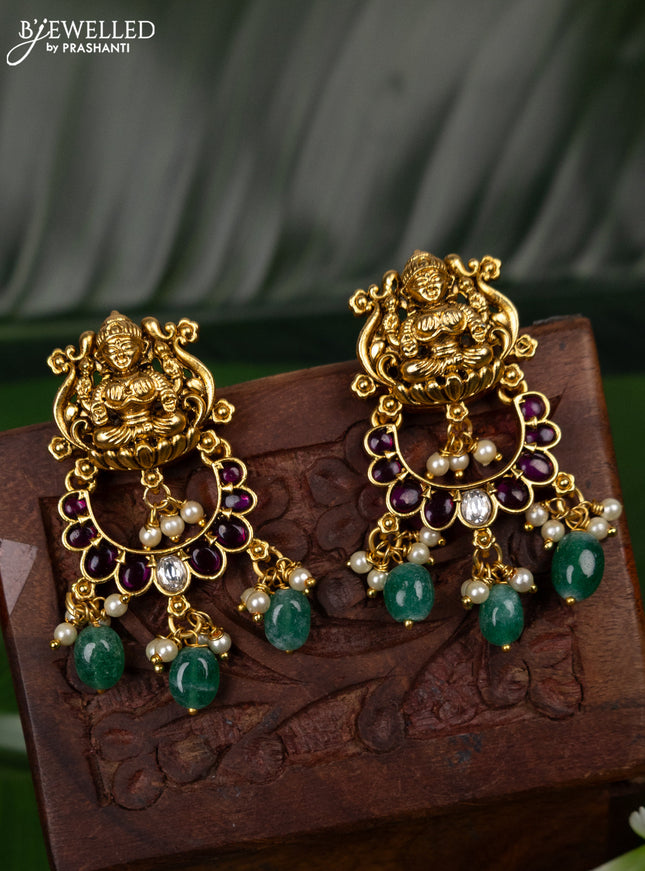 Antique earring lakshmi design with kemp & kundan stones and pearl & green beads hanging