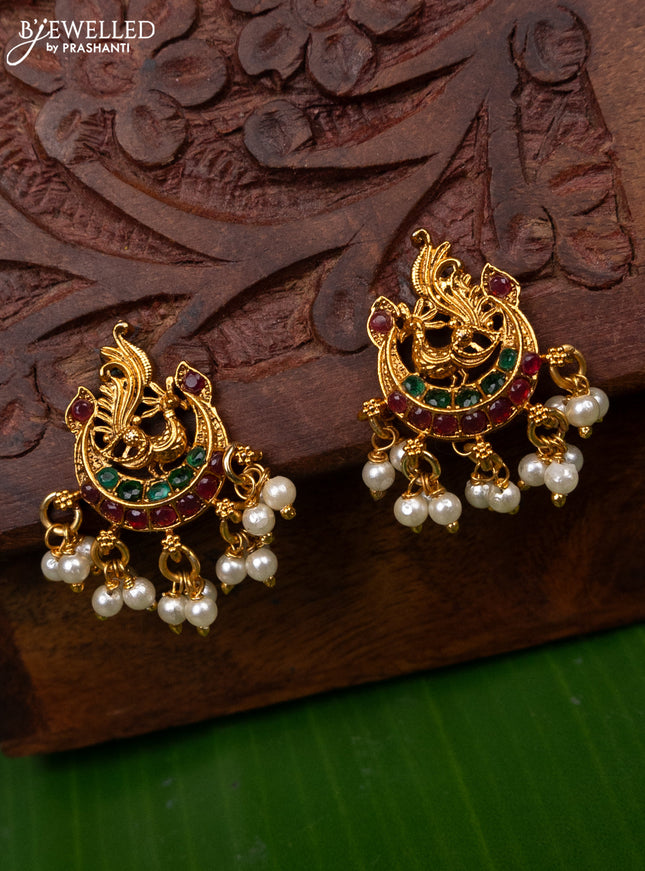 Antique earring peacock design with kemp stones and pearl hangings