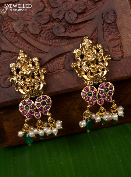 Antique earring lakshmi design with kemp stones and pearl & green beads hanging