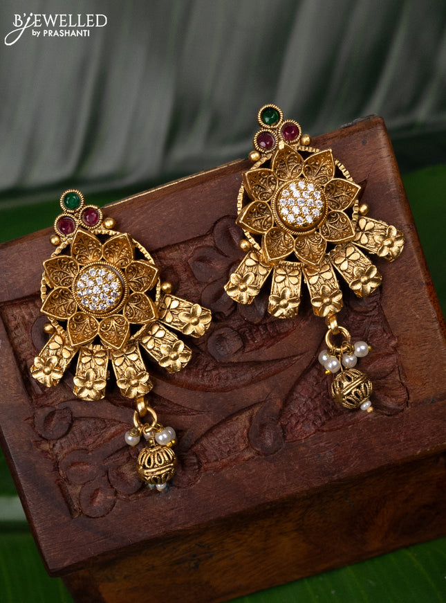 Antique earring floral design with kemp & cz stones and pearl hanging