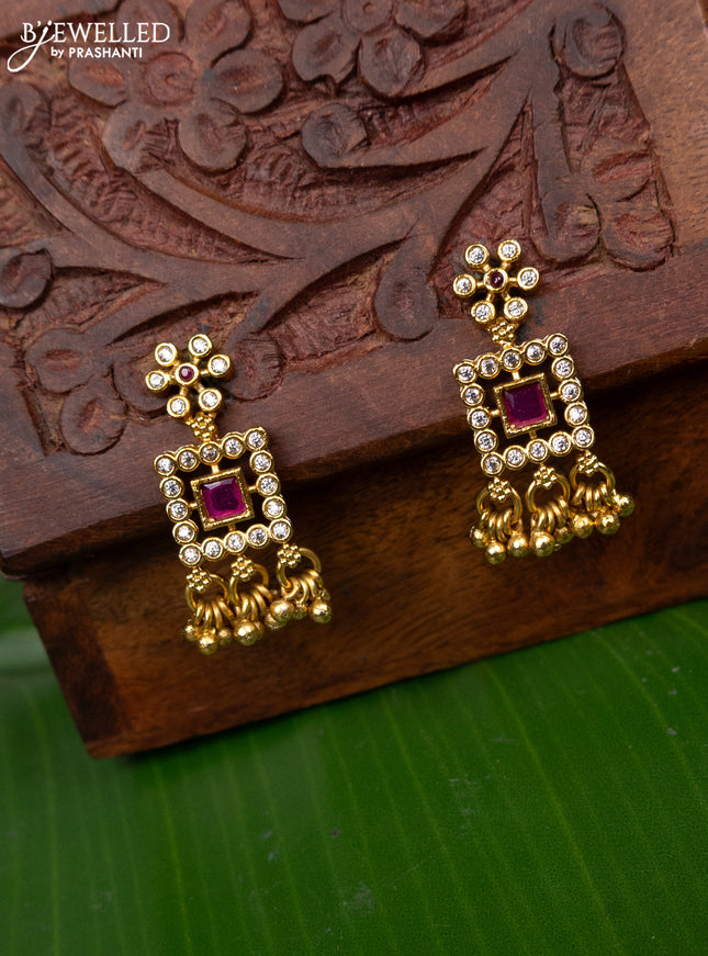 Antique earring with pink kemp & cz stones and golden beads hanging