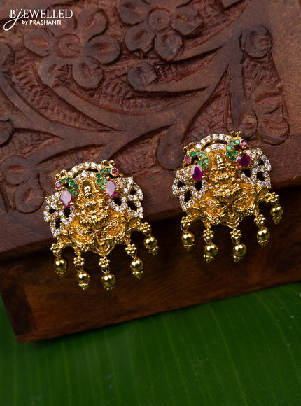 Antique earring lakshmi design with kemp & cz stones and golden beads hanging