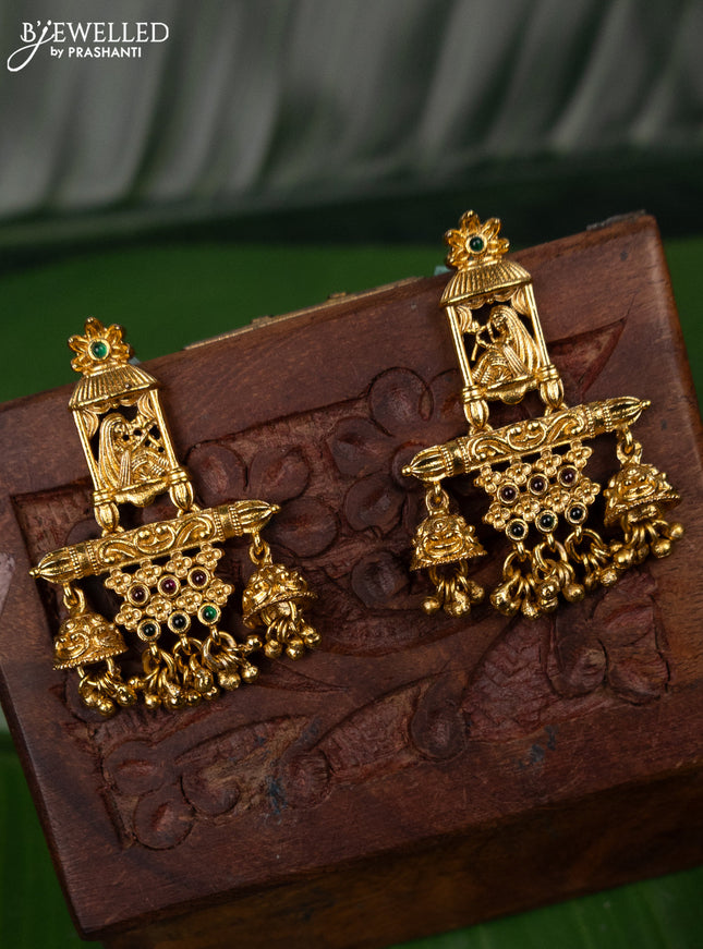 Antique earring pallakku design with kemp stones and golden beads hanging