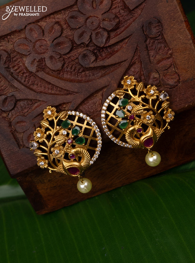 Antique earring peacock design with kemp & cz stones and pearl hanging