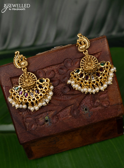 Antique earring lakshmi & peacock design with kemp & kundan stones and pearl hangings