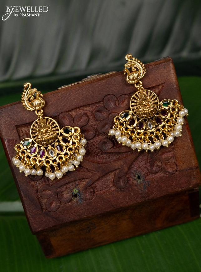 Antique earring lakshmi & peacock design with kemp & kundan stones and pearl hangings
