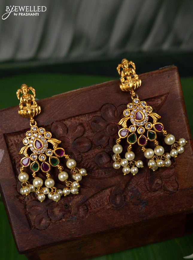 Antique earring lakshmi design with kemp & cz stones and pearl hangings