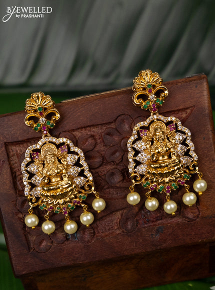 Antique earring lakshmi design with kemp & cz stones and pearl hangings