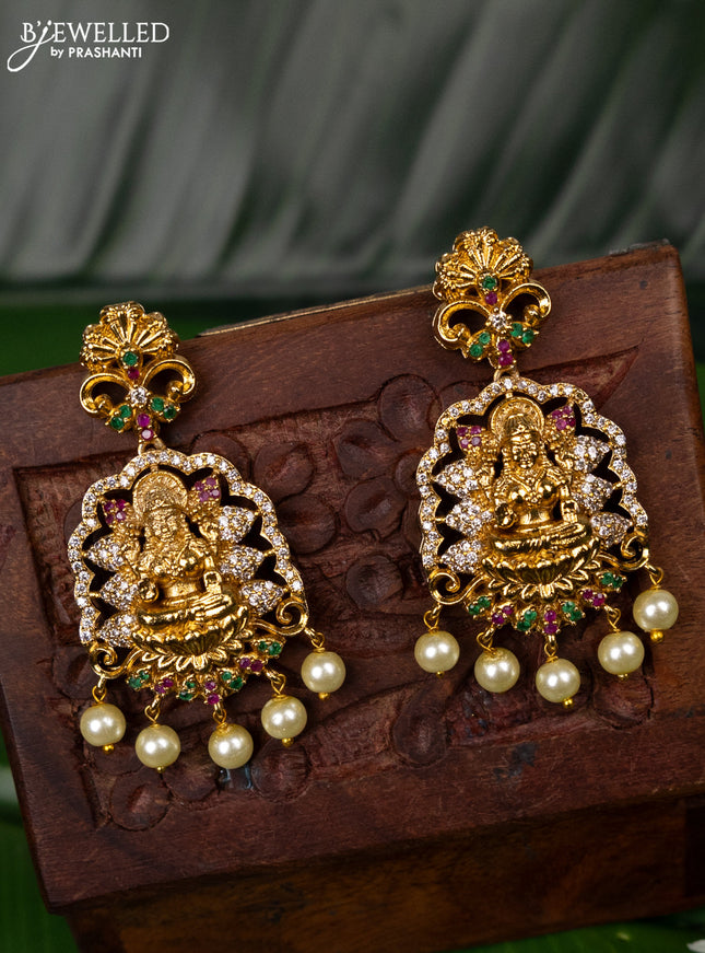 Antique earring lakshmi design with kemp & cz stones and pearl hangings