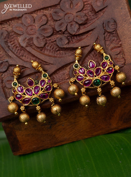 Antique earring chandbali design with kemp stones and golden beads hanging