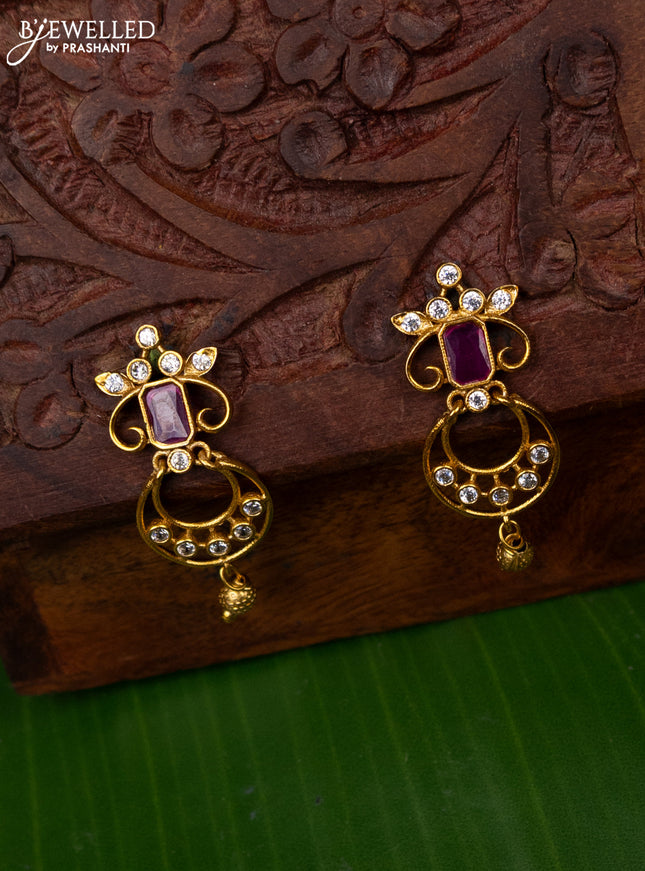 Antique earring with pink kemp & cz stones and golden beads hanging