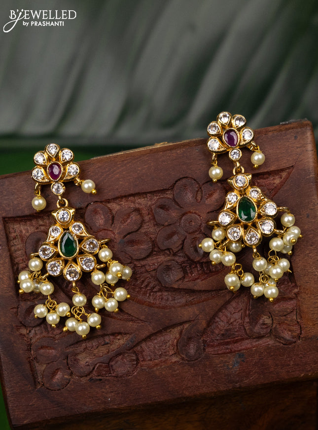Antique earring with green kemp & cz stones and pearl hangings