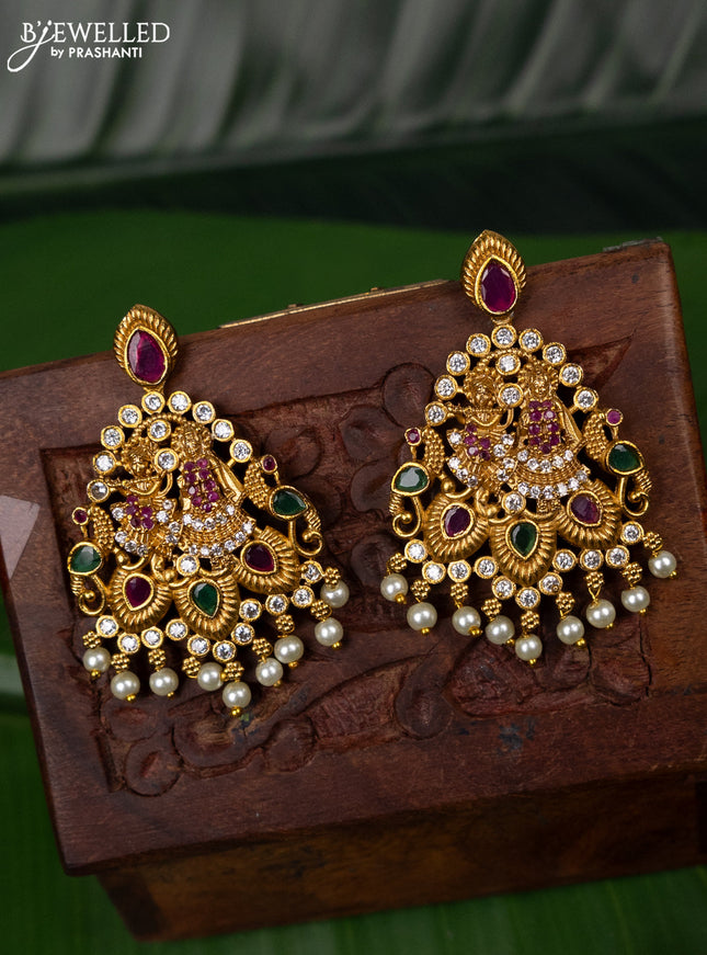 Antique earring radha krishna design with kemp & cz stones and pearl hangings