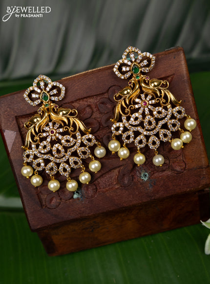 Antique earring peacock design with kemp & cz stones and pearl hangings