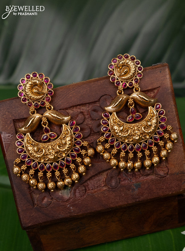 Antique earring peacock & lakshmi design with pink kemp stones and golden beads hanging